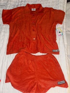 Sunshine Raised Beach Girl Orange Terry Cloth Two-Piece Set
